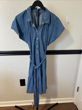 GAP Blue Denim Midi Shirt Dress with Tie Waist -Size Large
